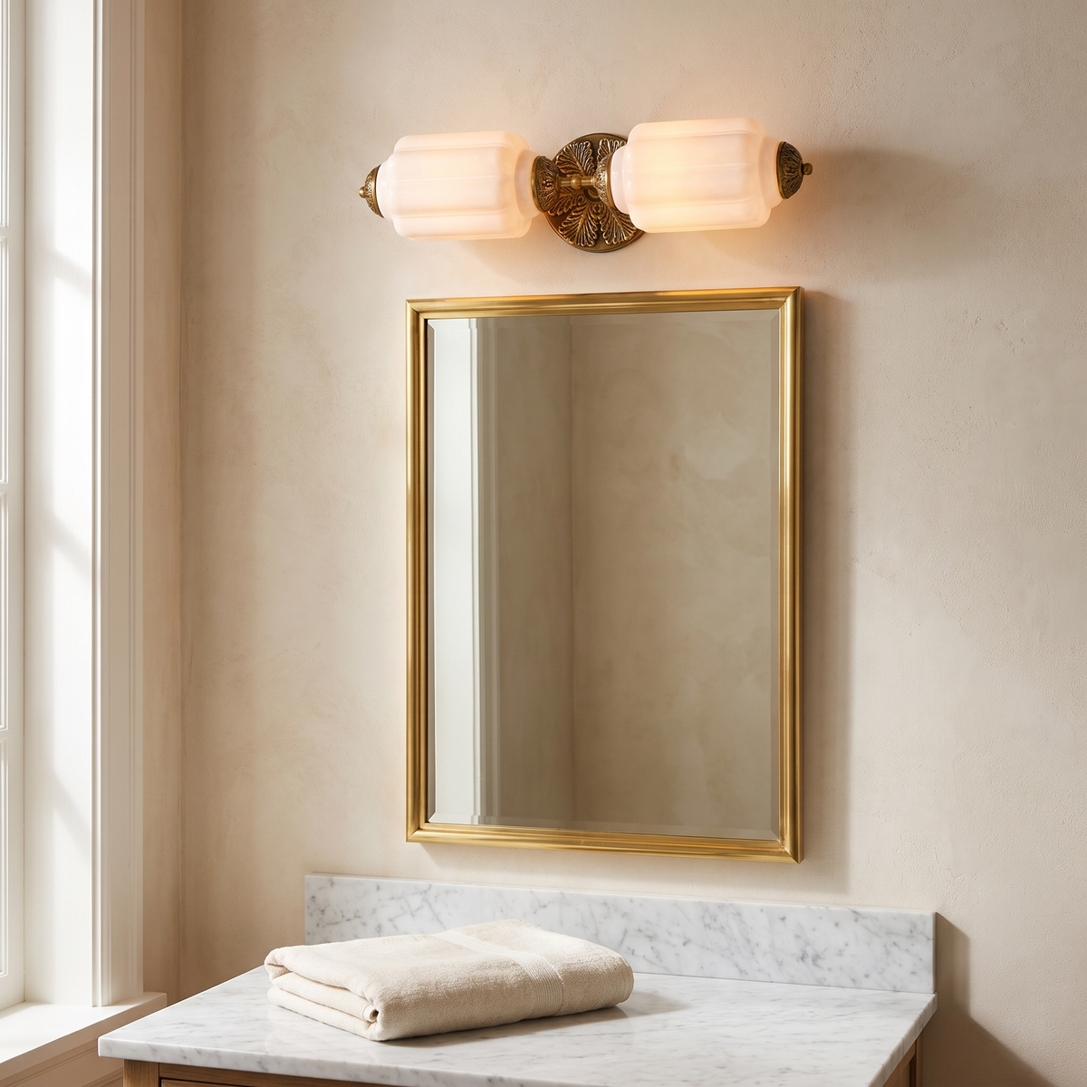 Art Deco Milk Glass Vanity Light in a modern Italian interior