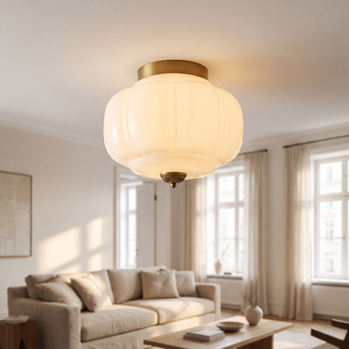 Milk Glass Pumpkin Semi Flush Mount in a modern Italian interior