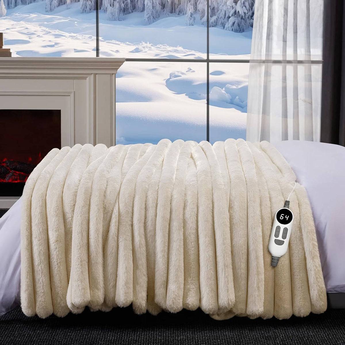 Electric Heated Blanket, Ribbed Faux Fur, 12 Heat Levels