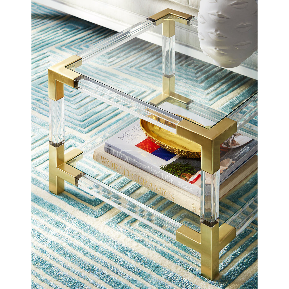 Acrylic Accent Table, Clear Two-Tier Brass Cube Side Table