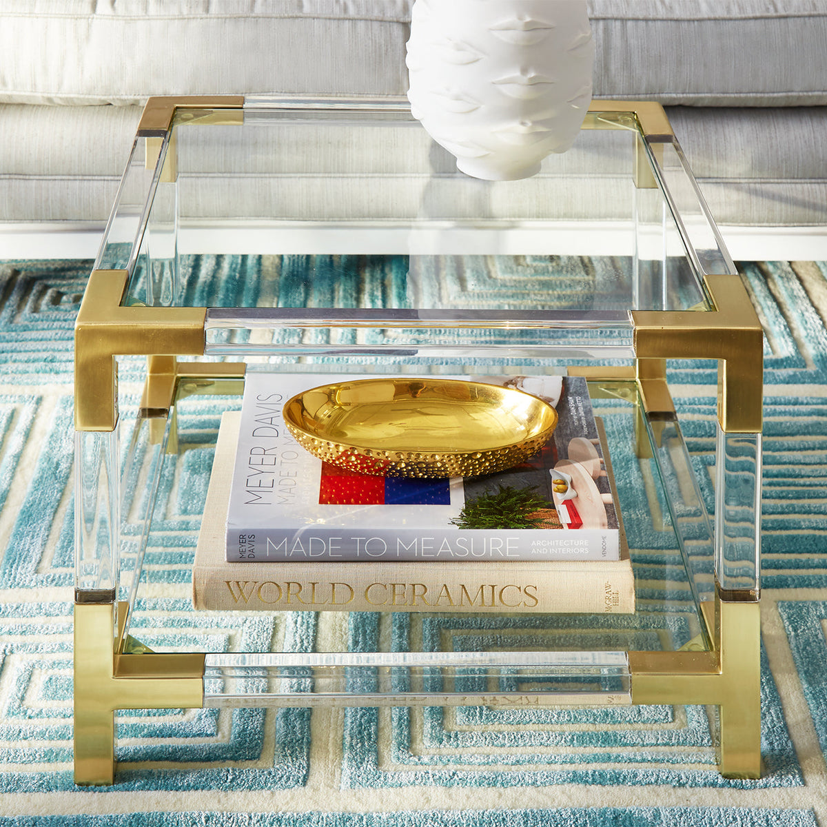 Acrylic Accent Table, Clear Two-Tier Brass Cube Side Table