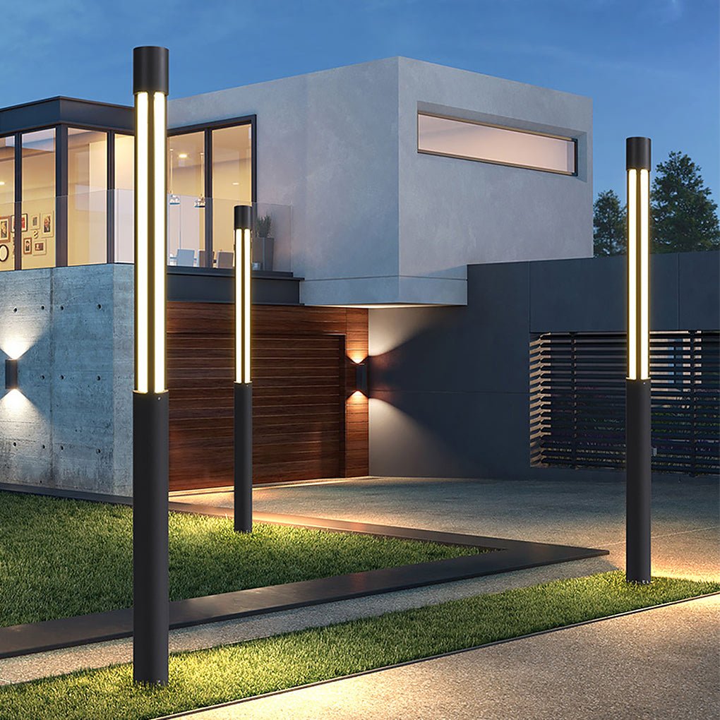 Modern LED Bollard Light, Black Cylindrical Pathway Post