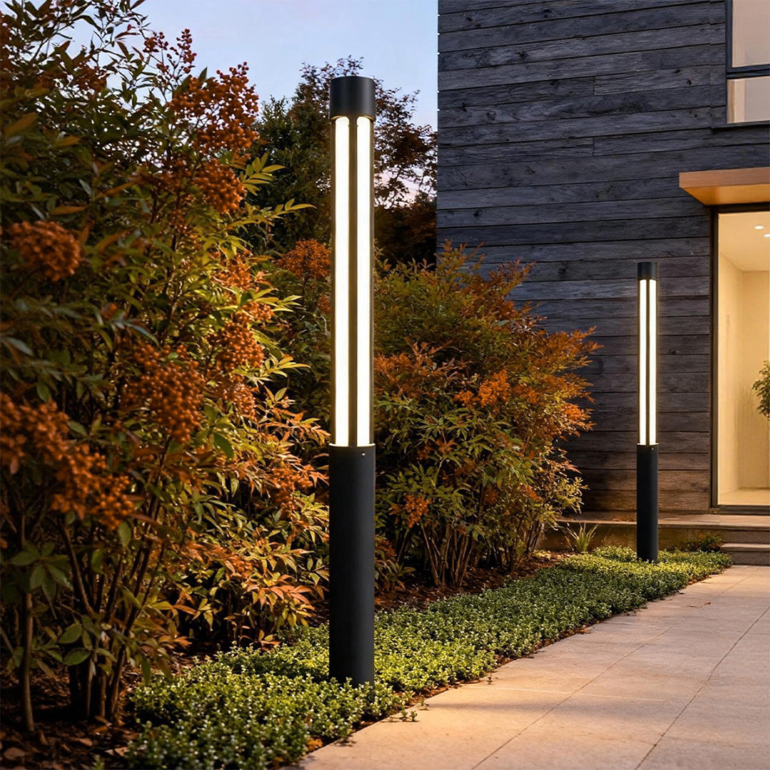 Modern LED Bollard Light, Black Cylindrical Pathway Post