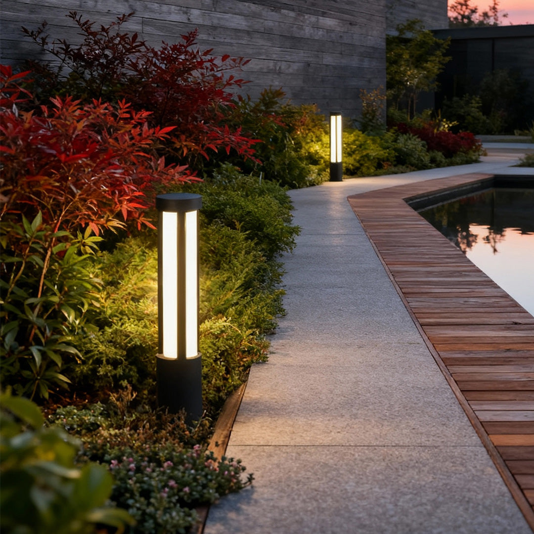 Modern LED Bollard Light, Black Cylindrical Pathway Post