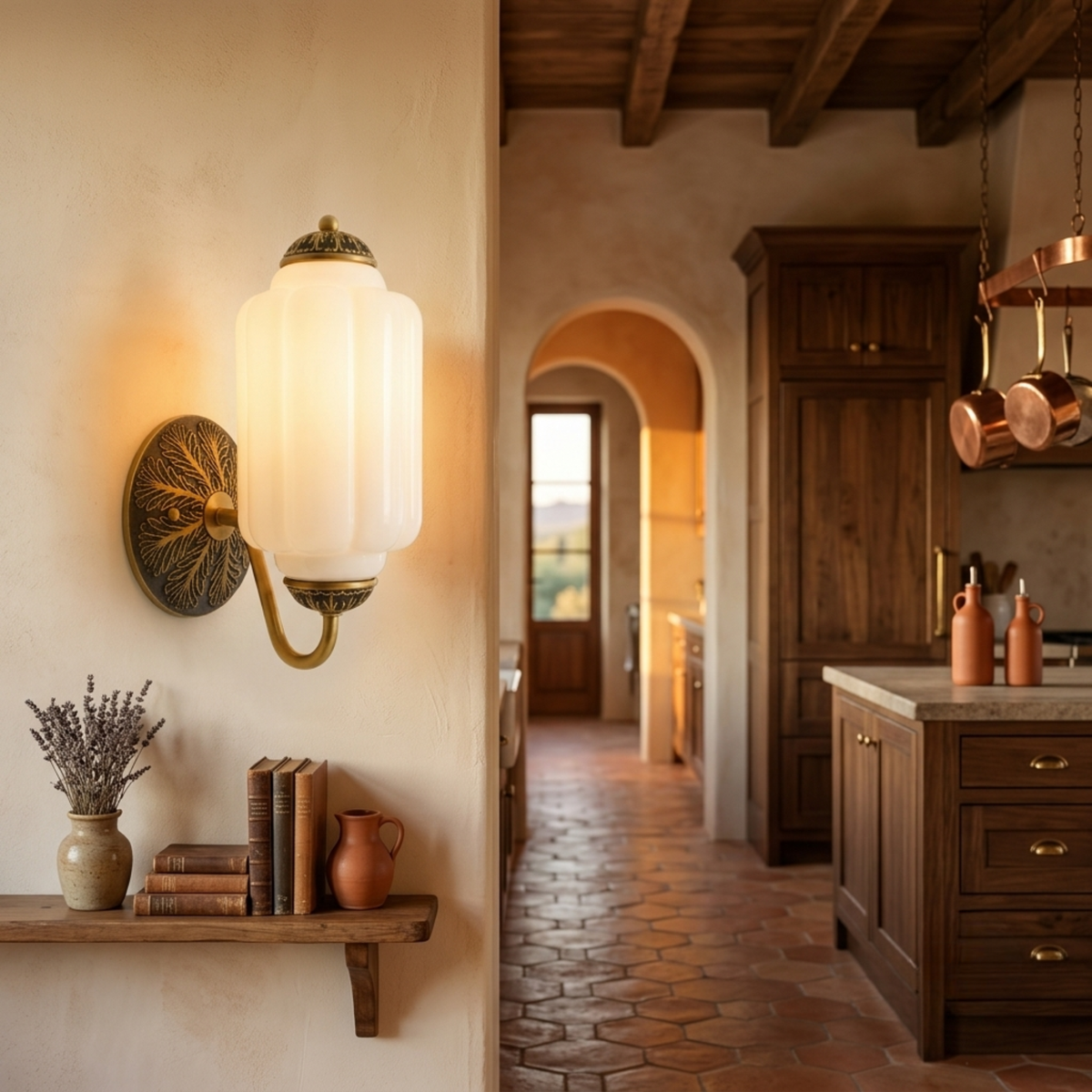 Vintage Brass Milk Glass Wall Sconce — Casa Toscana Bedside & Hallway Bedroom Fixture