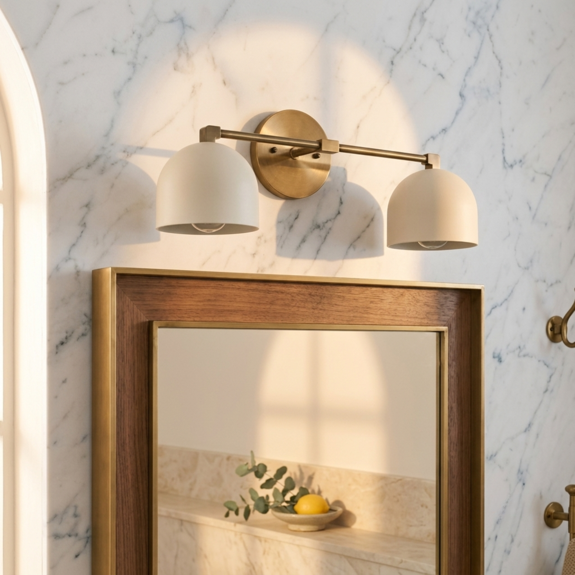 Mid-Century Brass Dome Vanity Light — Casa Amalfi Modern Bathroom Sconce with Fluted Milk Glass Shade