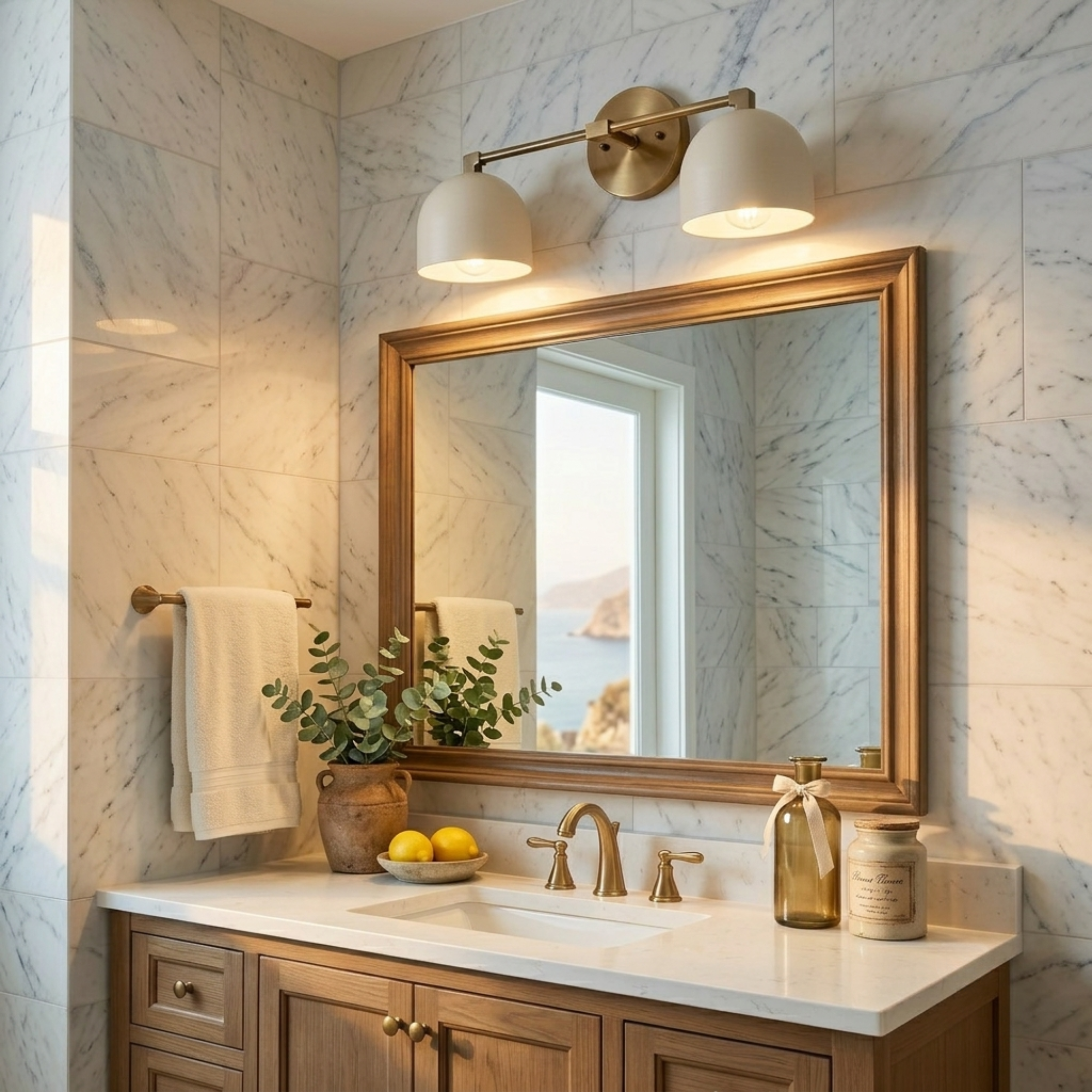 Mid-Century Brass Dome Vanity Light — Casa Amalfi Modern Bathroom Sconce with Fluted Milk Glass Shade