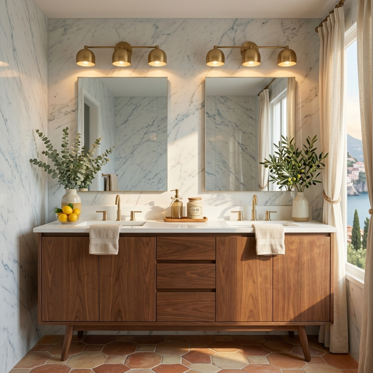Mid-Century Brass Dome Vanity Light — Casa Amalfi Modern Bathroom Sconce with Fluted Milk Glass Shade