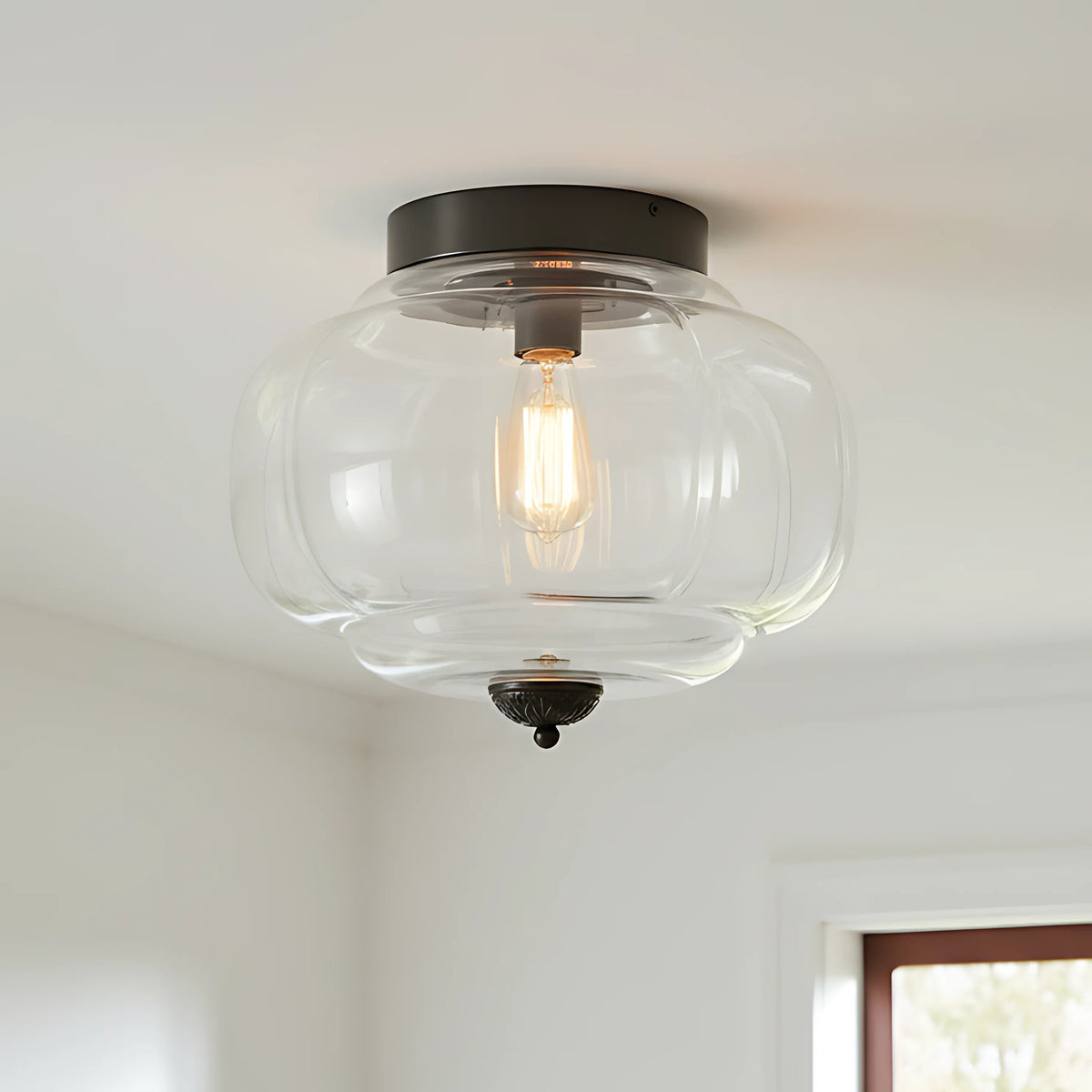 Milk Glass Semi Flush Mount, Pumpkin Shade 3 Light Ceiling