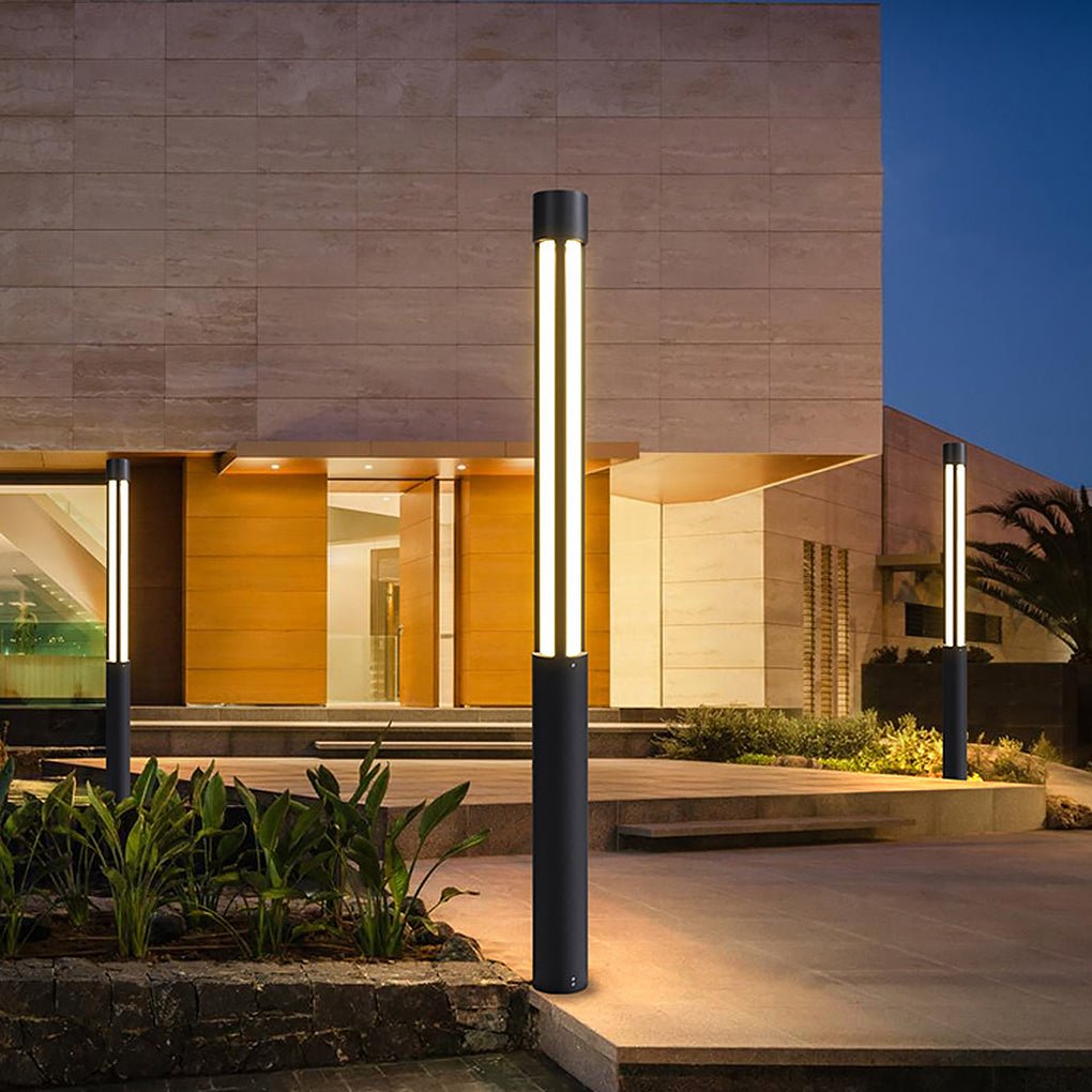 Modern LED Bollard Light, Black Cylindrical Pathway Post