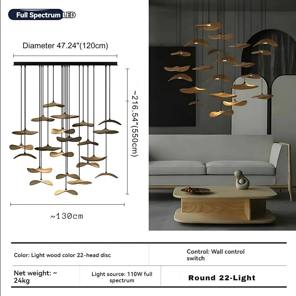 Wood petal cascade LED chandelier dimensions - Round 22 Light