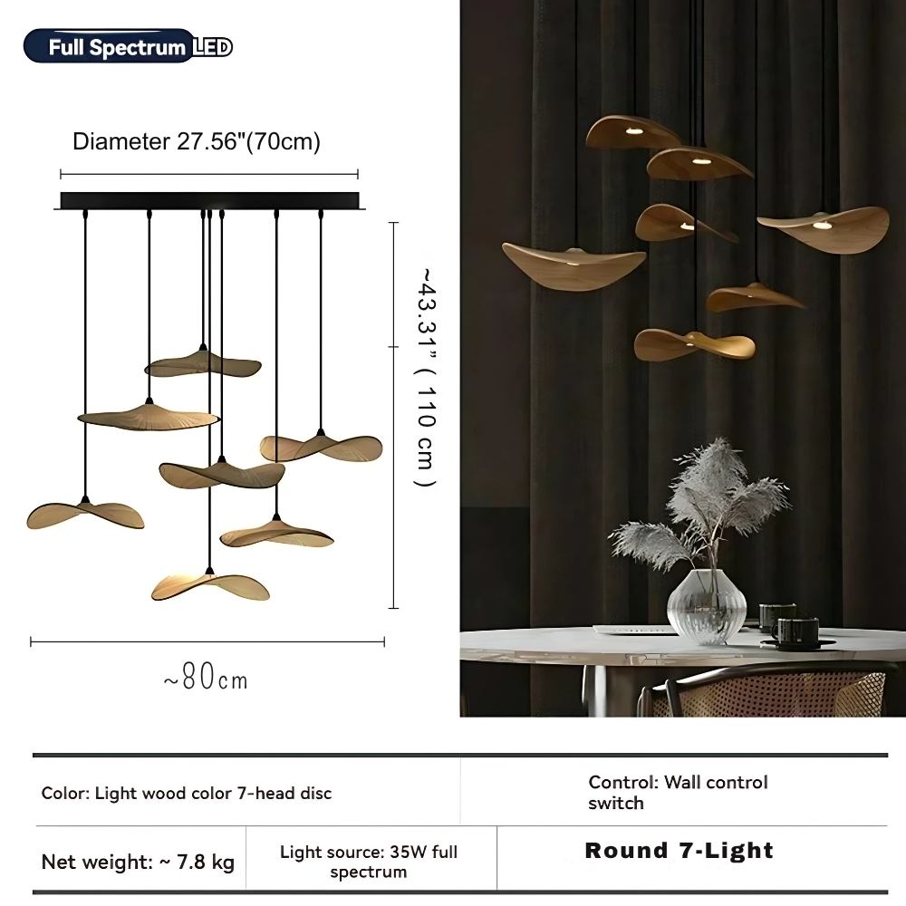 Wood petal cascade LED chandelier dimensions - Round 7 Light